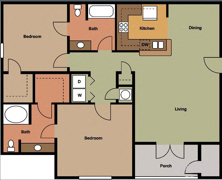Floor plan for 2 beds, 2 baths, 1212 sqft